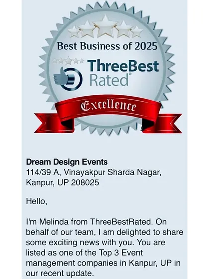 I am honored to be recognized as one of the Top 3 Event Management companies in Kanpur. This is a reflection of the trust my clients place in me, and I work hard every day to live up to that faith.