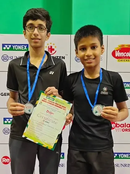 Mayuresh and his partner with their runners-up medals in the U-13 Boys doubles at the All India Badminton Tournament in Hyderabad.