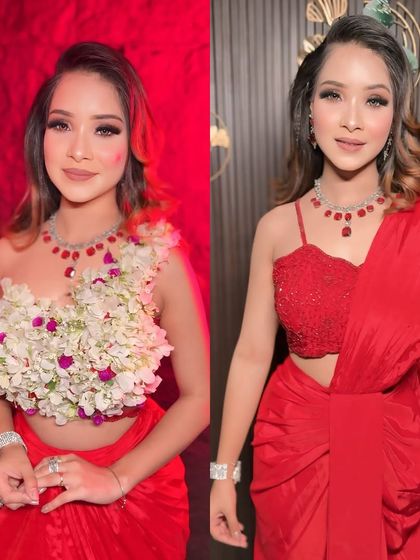 A stunning party look with side-swept curls, paired with a unique floral top.