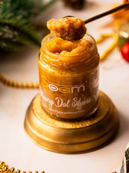 Open the jar and let the festive warmth in. My Moong Dal Sheera, slow-roasted and rich with ghee, is a comforting, melt-in-your-mouth sweet perfect for cold winter evenings.