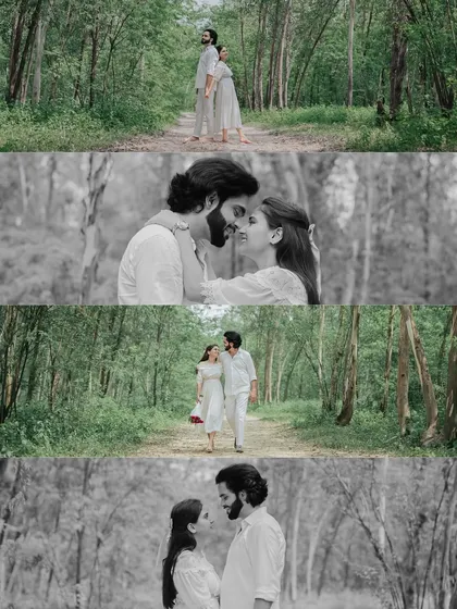 A collage of moments from a forest shoot, mixing color and black and white to create a timeless and romantic feel.