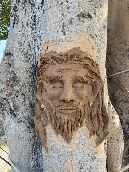During a workshop on connecting with nature, I created this clay sculpture on a tree trunk. It was a beautiful exercise in seeing and personifying the spirit of the trees around us.