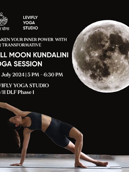 A poster for our Full Moon Kundalini session, showing a dynamic Wild Thing pose. This practice is about awakening your inner power under the transformative lunar energy.