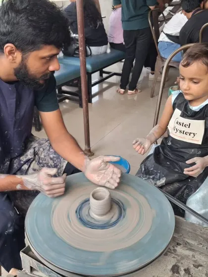 No experience is needed. I'm always right there to guide little hands, helping them learn the basics of wheel throwing in a way that feels like play. Even the youngest kids can create something amazing.