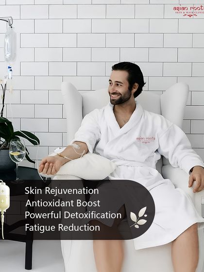 Skincare is for men too. Here, a male client enjoys the benefits of Glutathione IV Therapy, which include skin rejuvenation, an antioxidant boost, powerful detoxification, and fatigue reduction.