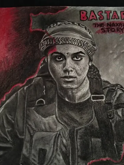 A portrait of Adah Sharma from the movie "Bastar: The Naxal Story," using red highlights to match the film's theme.