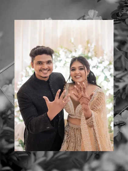 The happy couple showing off their new rings to the camera right after their engagement ceremony. A moment of pure celebration.