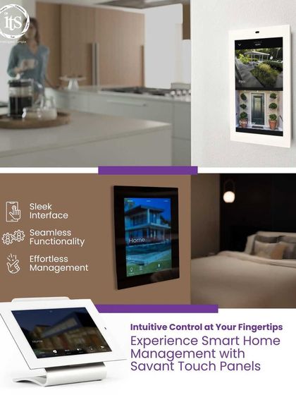 Savant Touch Panels offer intuitive, dedicated control right on your wall. This collage shows the sleek interface for managing lighting, security, and entertainment in high-traffic areas like the kitchen or bedroom.