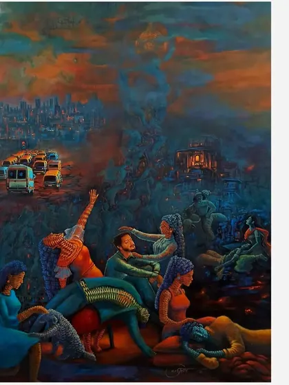This is the complete canvas of my painting 'Divine Intervention.' The composition is split between the earthly chaos of traffic and the surreal, divine space where human and celestial figures merge, telling a story of love, resilience, and hope.