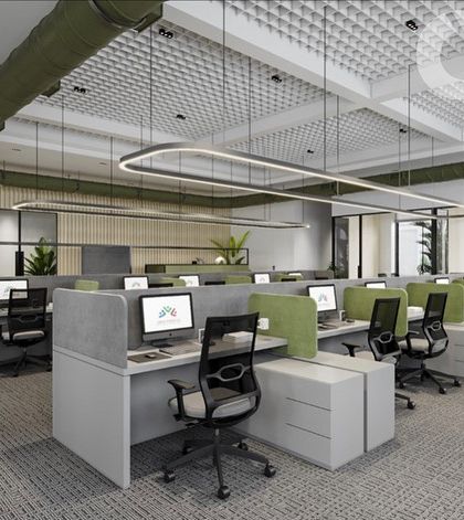 An identical layout on a separate floor of the same office, this time using a calming green for the accent color. This shows how a consistent design language can be adapted to create distinct moods while maintaining brand identity.