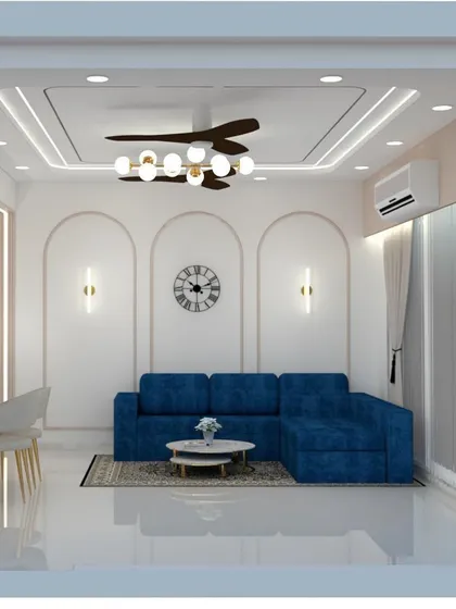 This 3D concept shows the seating area with a comfortable blue sofa set against a wall with elegant POP arch mouldings and accent lights. This is how I plan the placement of furniture and decorative elements.