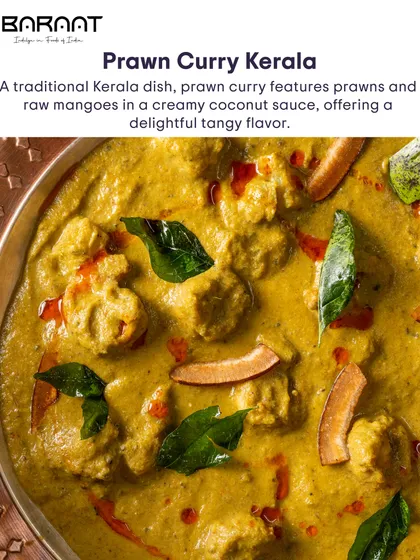 My Kerala Prawn Curry features prawns and raw mangoes in a creamy coconut sauce, offering a delightful tangy flavor.