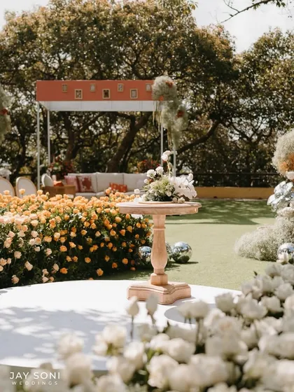 The wedding stage is set amidst a field of yellow and white roses, with modern lounge seating in the background, creating a beautiful blend of classic romance and contemporary style.