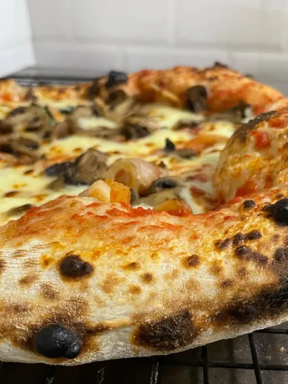 A close up on the crust of my Fungi Pizza. You can see the beautiful blistering and char that gives the pizza its signature texture and flavor.