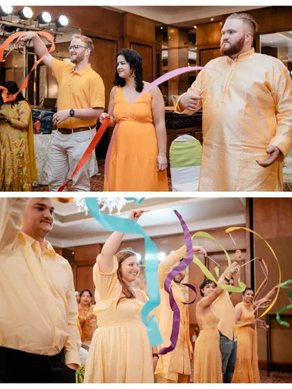 Capturing the fun and games that make each Haldi unique. The colorful ribbons add a beautiful, dynamic element to the celebration, showing the vibrant spirit of the day.