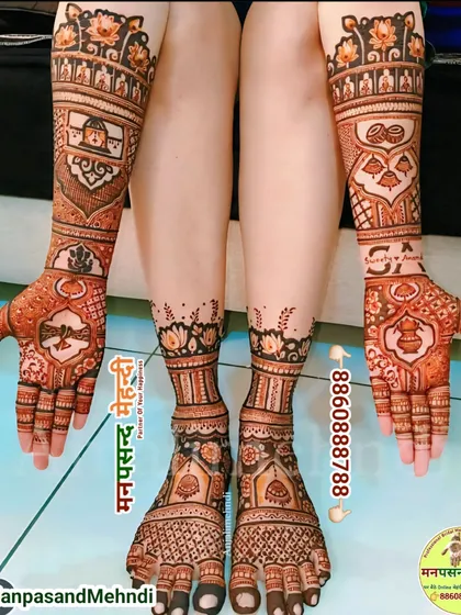 A complete bridal set for hands and feet, showcasing matching traditional symbols and patterns. This coordinated look is perfect for the bride who wants a cohesive and grand statement for her wedding.