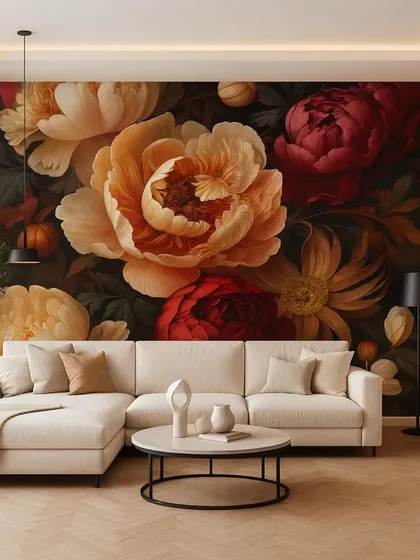 A bold floral wallpaper with rich, warm tones of red, orange, and yellow. This design creates a cozy and inviting atmosphere, perfect for a living room or dining area.