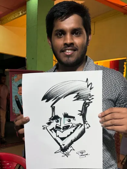 This young man's sharp features and cool hairstyle made for a very dynamic and stylish caricature.