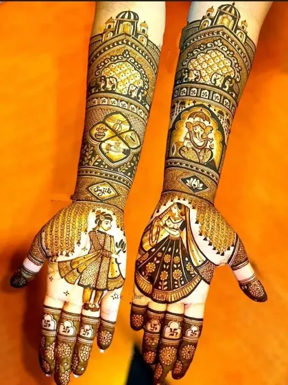 A unique bridal design featuring a Ganesha motif for blessings on one arm, and a custom couple portrait on the other, blending tradition with personalization.