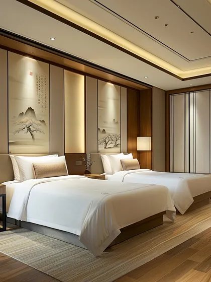 This hotel room is a blend of modern luxury and classic Eastern style. I used backlit panels with landscape art, warm wood tones, and a soft, layered lighting scheme to create a thoughtfully designed and comfortable guest experience.