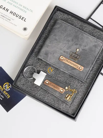 A personalized gift set featuring a grey denim wallet and a matching keychain, perfect for a coordinated look.
