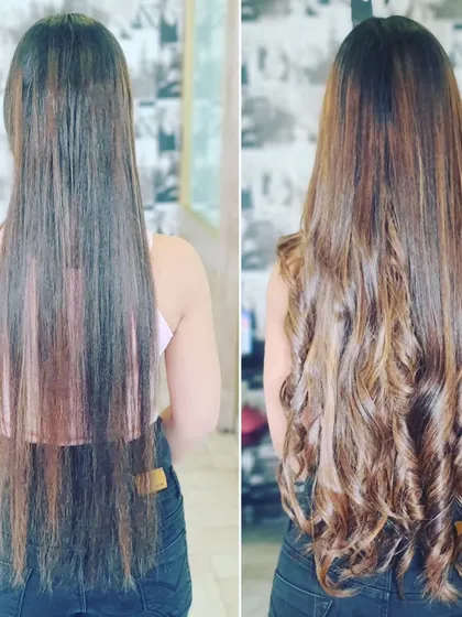 This transformation showcases a dramatic increase in length and curl. The final result is a head of thick, bouncy curls that looks vibrant and full of life.