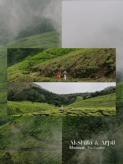 This collage showcases the grand scale of the Munnar tea gardens. We use these expansive views to create a sense of adventure, showing the couple as a small, intimate part of a vast and beautiful landscape.