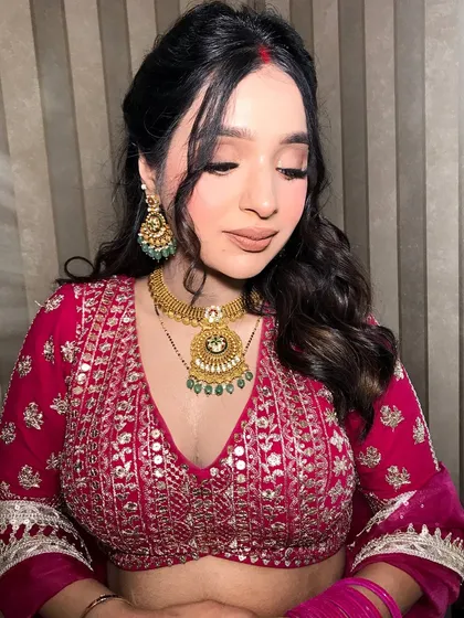 A close-up on the eye makeup, showing the beautiful blend of neutral tones.