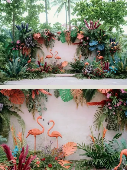 The decor sets the stage for the celebration. This shot showcases the vibrant, tropical-themed decor of the pool party, complete with colorful foliage and flamingo statues.