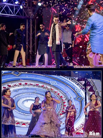A collage showing the fun and energetic dance performances by the groom's and bride's sides at the Sangeet or engagement party.