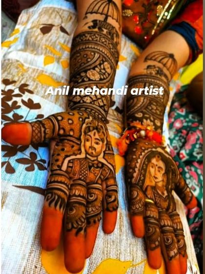 A classic bride and groom portrait mehendi. The details, from the groom's turban to the bride's dupatta, are carefully drawn to create a realistic and beautiful image.