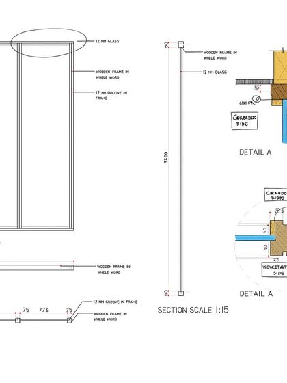 A technical drawing showing the plan, elevation, and section details for a glass and wood partition. Precision in our drawings is key to successful execution on site.