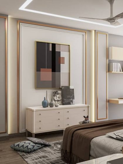 This teenager's bedroom combines a study area with a restful sleeping space. The renders highlight modern, functional design with artistic touches, perfect for a dynamic personal room.