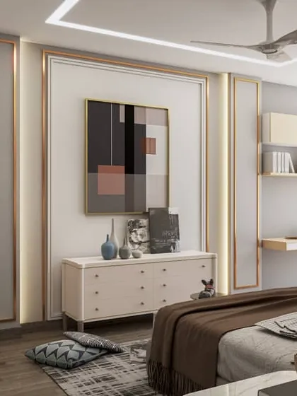 This teenager's bedroom combines a study area with a restful sleeping space. The renders highlight modern, functional design with artistic touches, perfect for a dynamic personal room.