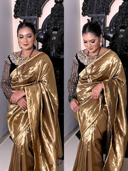 A collage showing the full look in the stunning gold tissue saree.