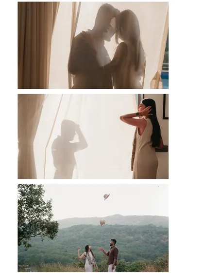 A series of artistic shots from a session in the hills. The silhouette through the sheer curtain creates a sense of intimacy and mystery, while the outdoor shot with the hats thrown in the air is pure, spontaneous fun.