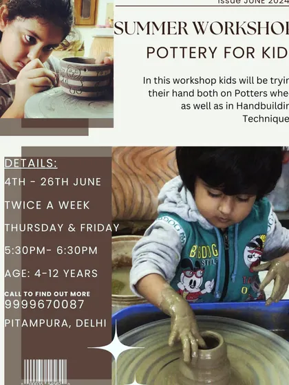 Another poster from a past summer workshop, showing kids fully engaged in both wheel work and hand-building. These sessions are designed for children aged 4-12.