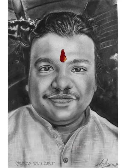 A direct, scanned view of the pencil sketch portrait with the vibrant red tilak.