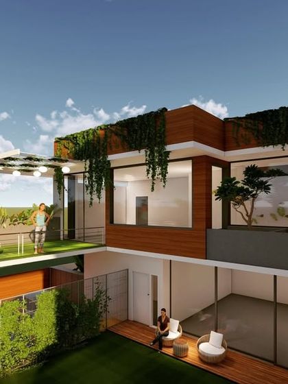 Another view of the multi-level open-air design, showcasing how private balconies and a rooftop lawn create multiple opportunities for outdoor relaxation and enjoyment.