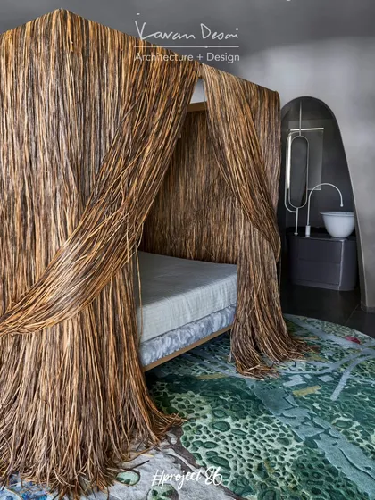 For Project 86, we brought in this incredible cabana bed from Edra, the first of its kind in India. We placed it at an angle, breaking free from the walls to make it a true centerpiece. It’s surrounded by rattan shutters, creating a private, luxurious retreat within the master bedroom.