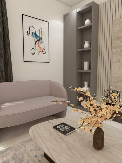 A full living room design reveal for a project at ATS Pristine, Noida. The design includes a marble-finish TV panel, sleek furniture, and abstract art.