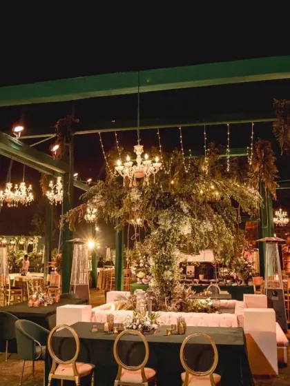 An elegant reception setup with green and cream tones, chandeliers, and heaters for guest comfort. I balance aesthetics with practicality to ensure a flawless outdoor event.
