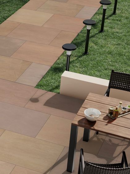 Porcelain pavers with the look of natural Indian stone. This collection offers exceptional thickness for great strength and durability, making it perfect for outdoor patios and walkways.