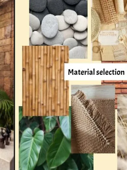 A material selection board for an upcoming garden project. We are combining natural textures like bamboo, brick, jute, and pebbles to create a warm, organic, and earthy feel.