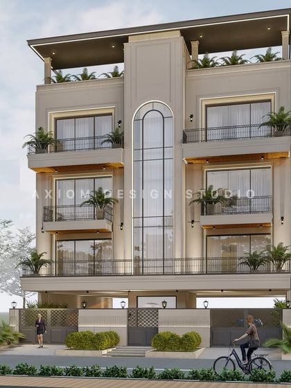 An elevation render of a neoclassical residence, showcasing a central arched window that spans two floors. The design emphasizes symmetry, with balanced balconies and a clean, elegant material palette.