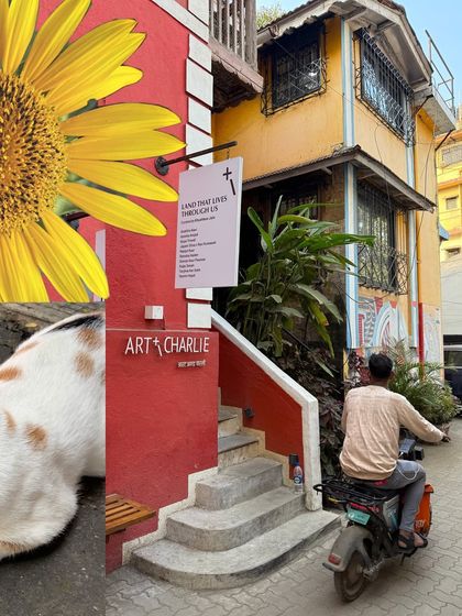 A collage capturing the vibrant red and yellow facades of the Art & Charlie gallery and Subko Mini.