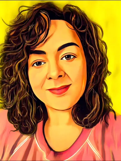 This version of Debi's portrait has a high-contrast, vibrant look with a solid yellow background.