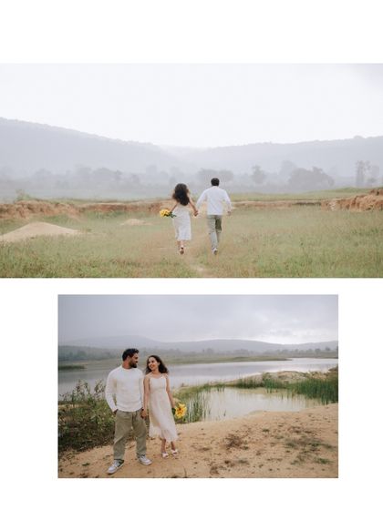 A diptych showing the couple walking together through a field, capturing the feeling of a shared journey.