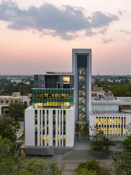 The Sona University Centre & Library Block in Salem, designed as a modern landmark and academic hub. The architecture fosters a connection between formal and informal learning through interactive spaces, natural light, and views of the surrounding landscape.