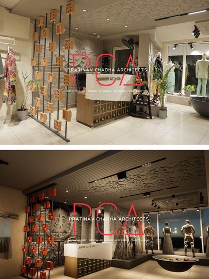 This image shows the transition from the 3D design to the finished reception area, highlighting the accurate execution of the custom screen, desk, and intricate background mural.